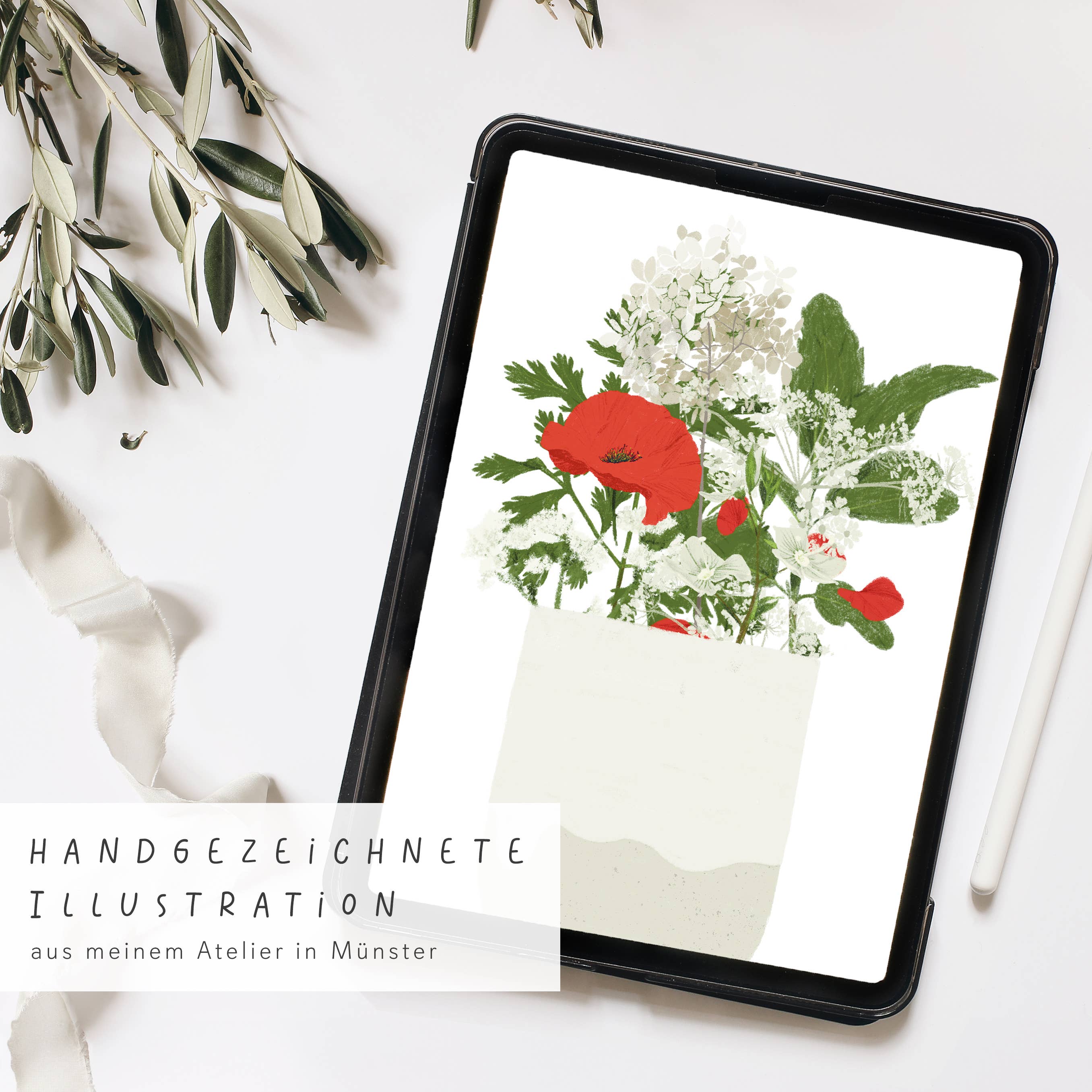 Wildblumen Atelier - Wholesale Postcard - Postcard red & white flowers in hand-thrown mug, FSC2