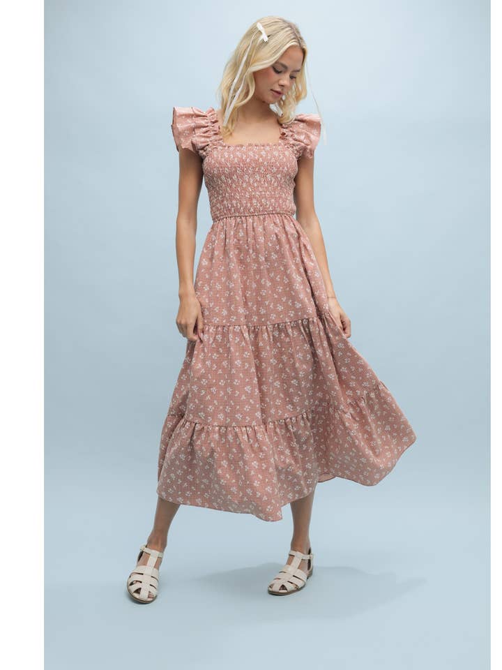 Wishlist Apparel - Wholesale Dress - Women's - CHECKERED FLORAL MIDI DRESS / WL24-9726