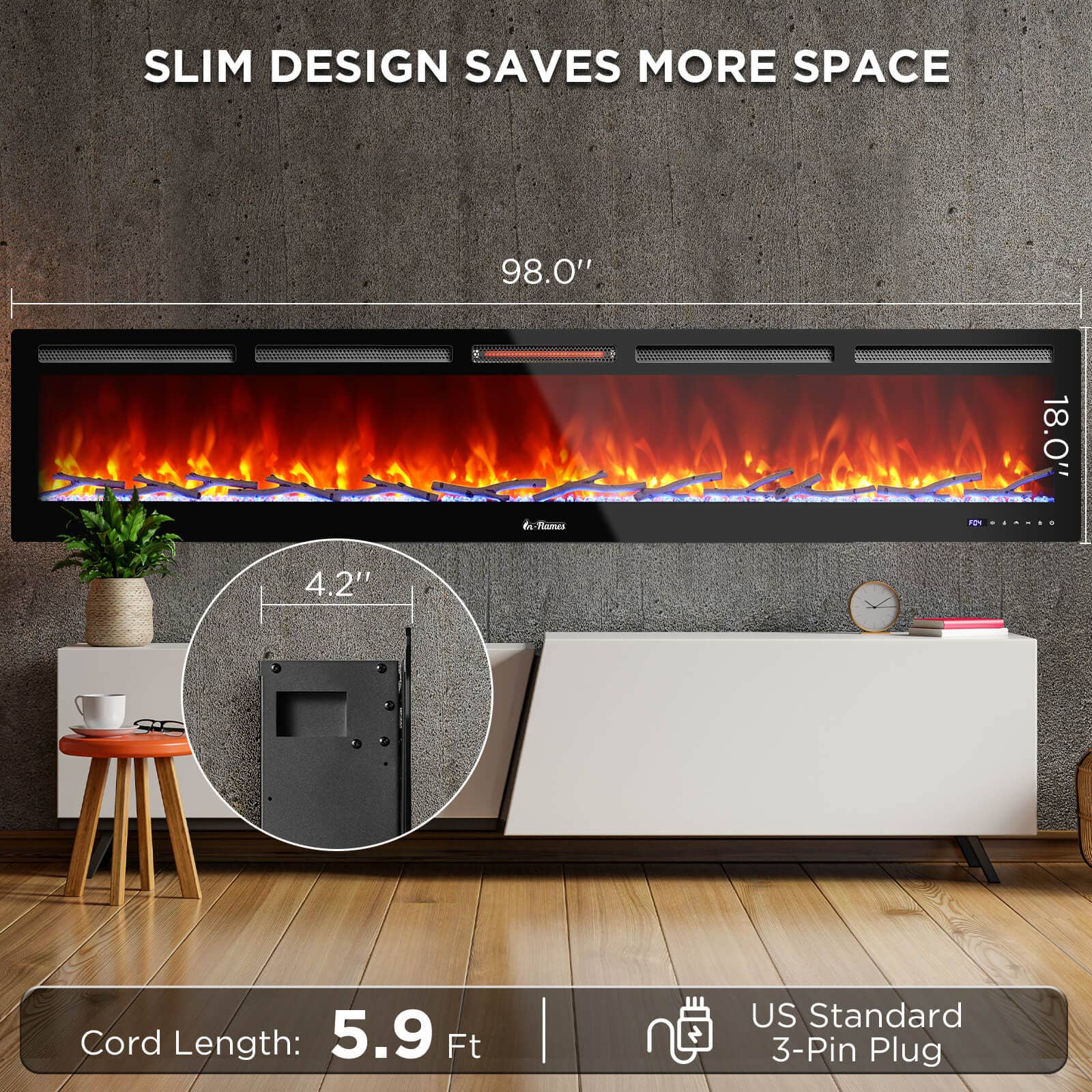 TURBRO - Wholesale Fireplace Screen - In Flames INF98W-3D WiFi Smart Wall Mounted Electric Fireplace - Tempered Glass4