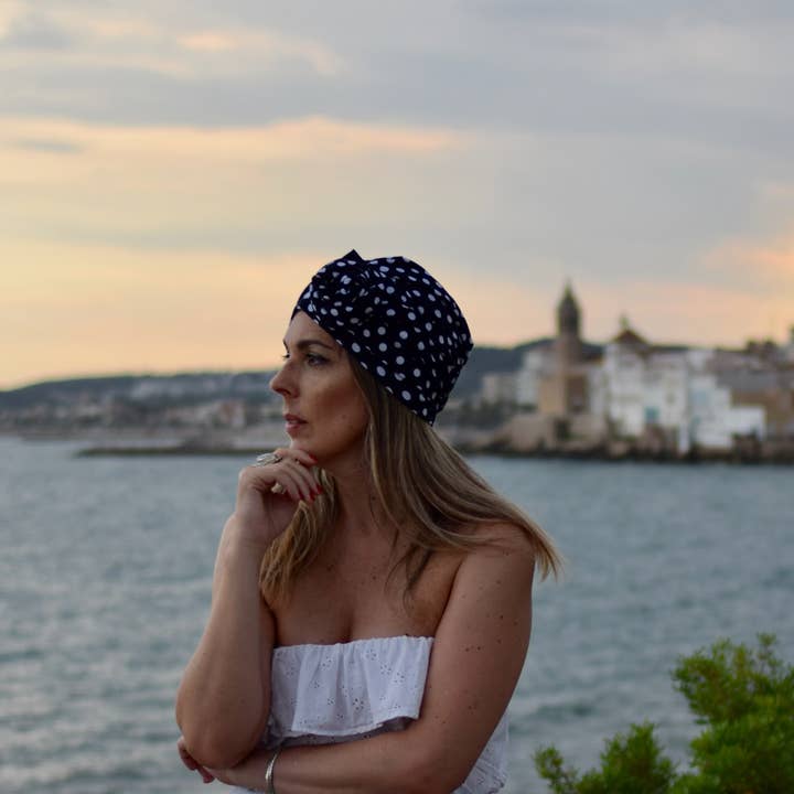Petitama – Engroshandel Turban - Dame – Marineblå prikker turban hat til kvinder, kemo hoved wrap