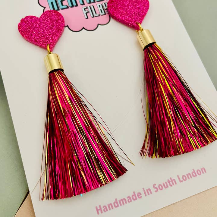 By Heather Filby - Wholesale Tassel Earrings - Pink Tassel Heart Glitter Resin Earrings1