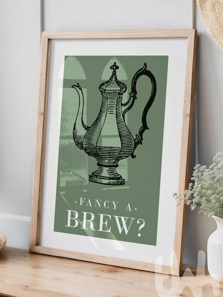 Sage Green Kitchen Wall Art | Fancy A Brew for wholesale by THE WALL HABITAT