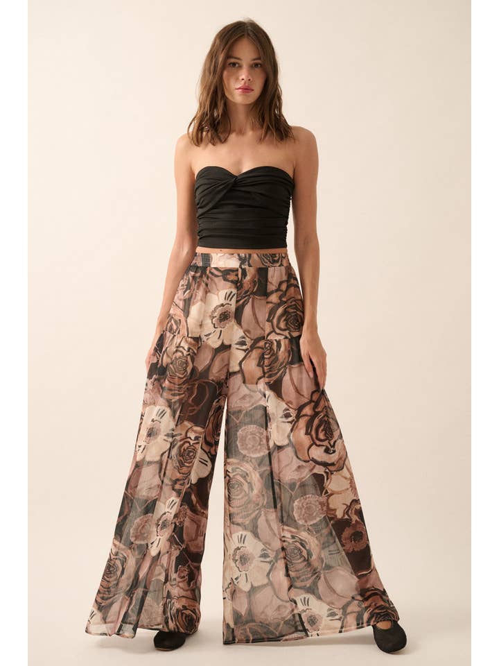 BLACK Floral Chiffon Wide-Leg Palazzo Pants for wholesale on Faire4