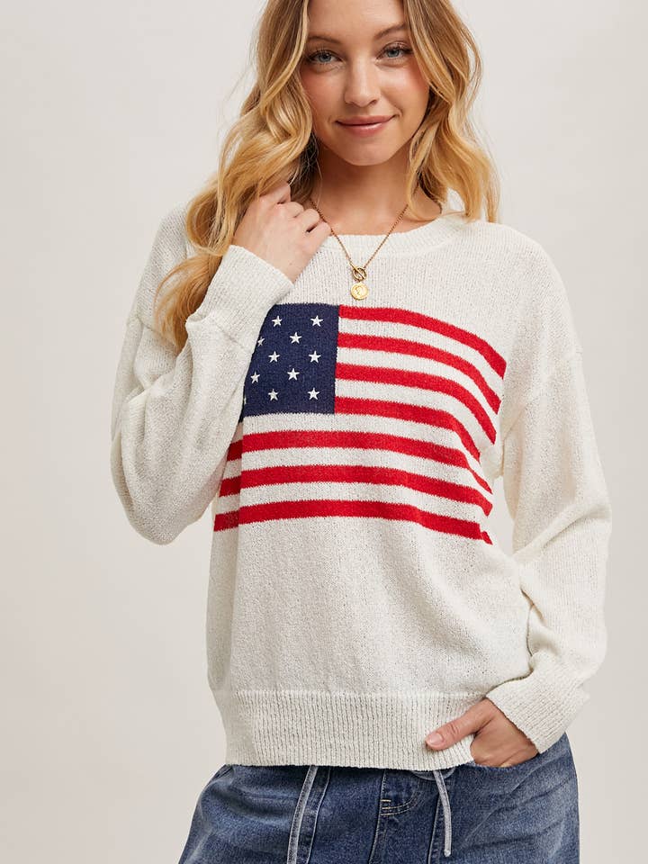 Bluivy - Wholesale Knit Sweater - Women's - AMERICAN FLAG KNIT SWEATER PULLOVER, MEMORIAL DAY