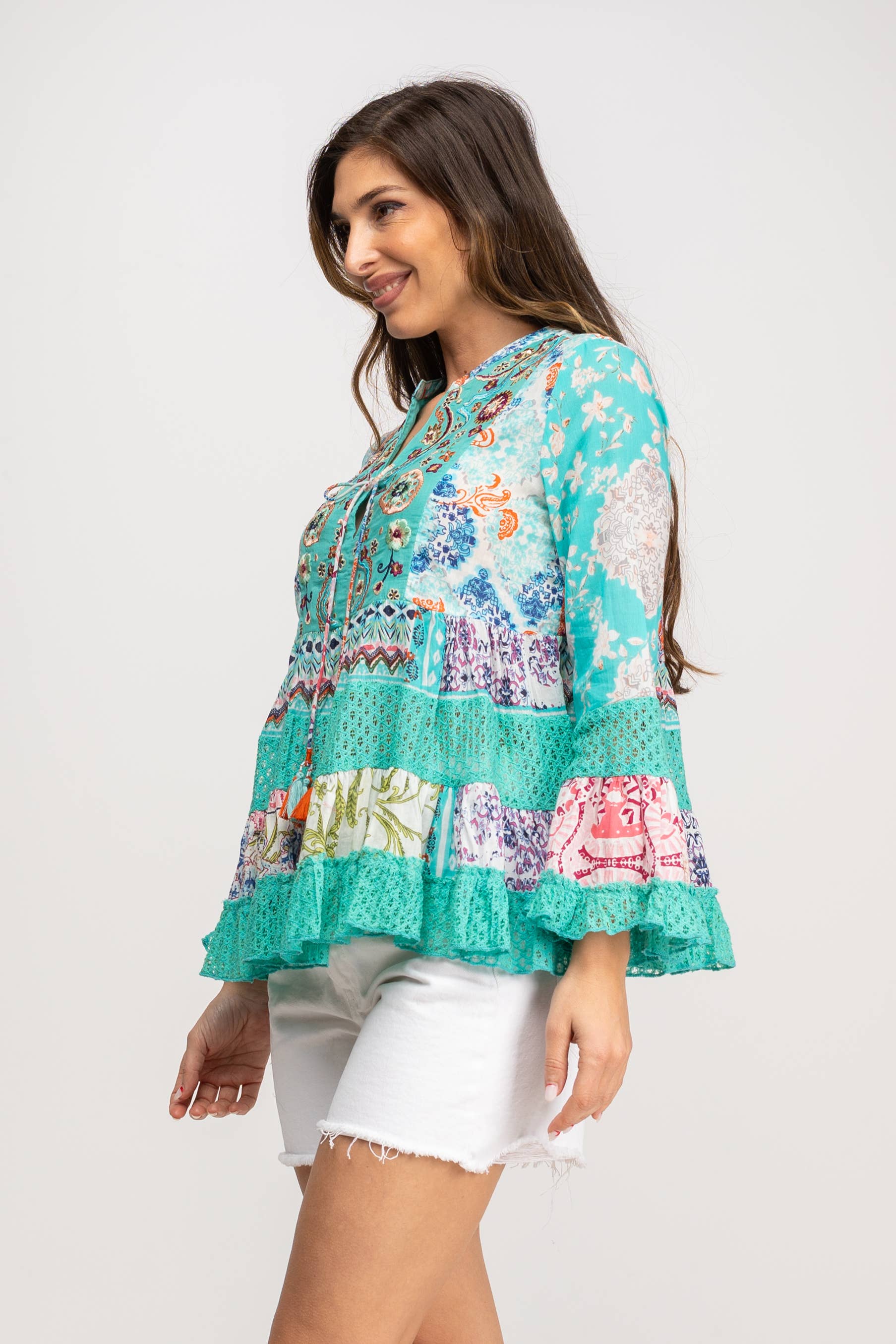 EAU Tunique imprimée PR9163TU à manches longues avec volants et broderie en vente sur Faire1