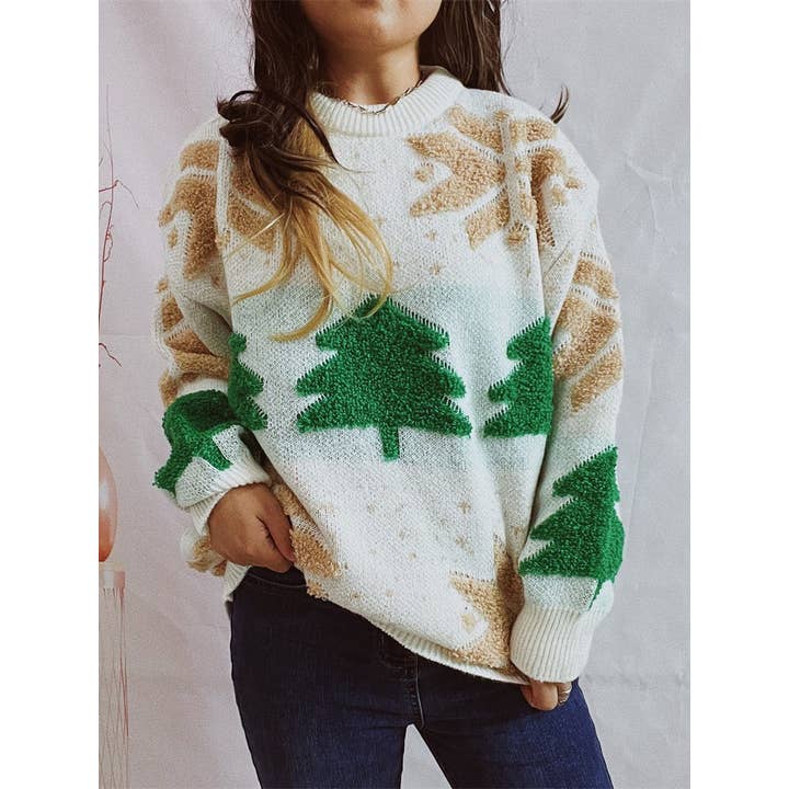 HIDDENBRAND - Wholesale Knit Sweater - Women's - Christmas tree jacquard pullover top