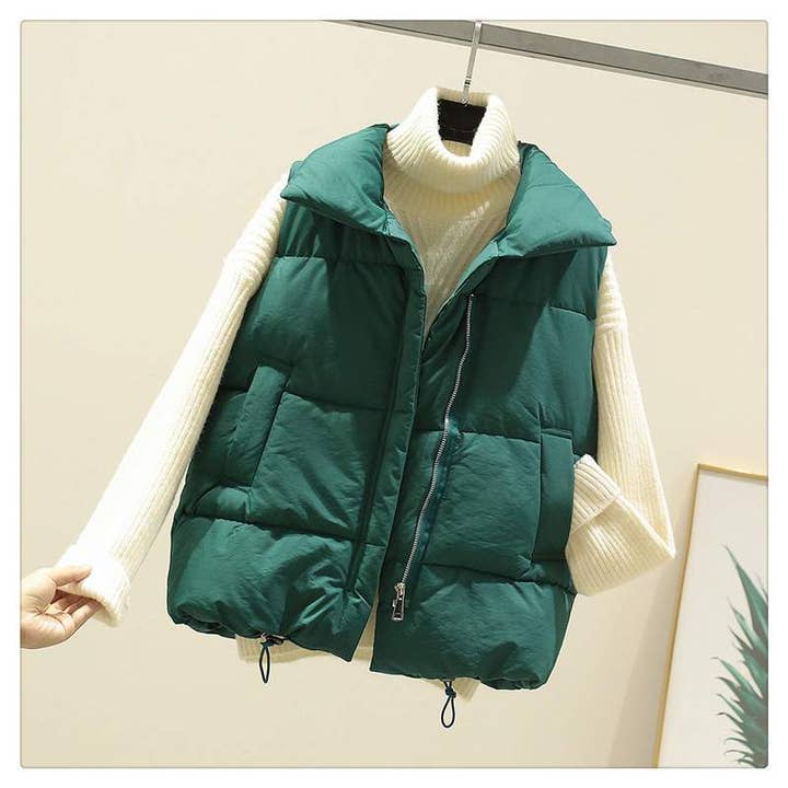 Fashion Combination - Wholesale Jacket - Women's - zip up button puffer vest with waist toggles