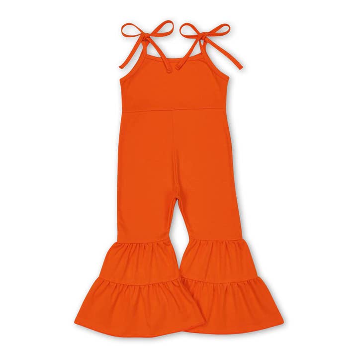 Sleeveless orange bell bottom baby girls jumpsuit for wholesale by Yawoo Garments