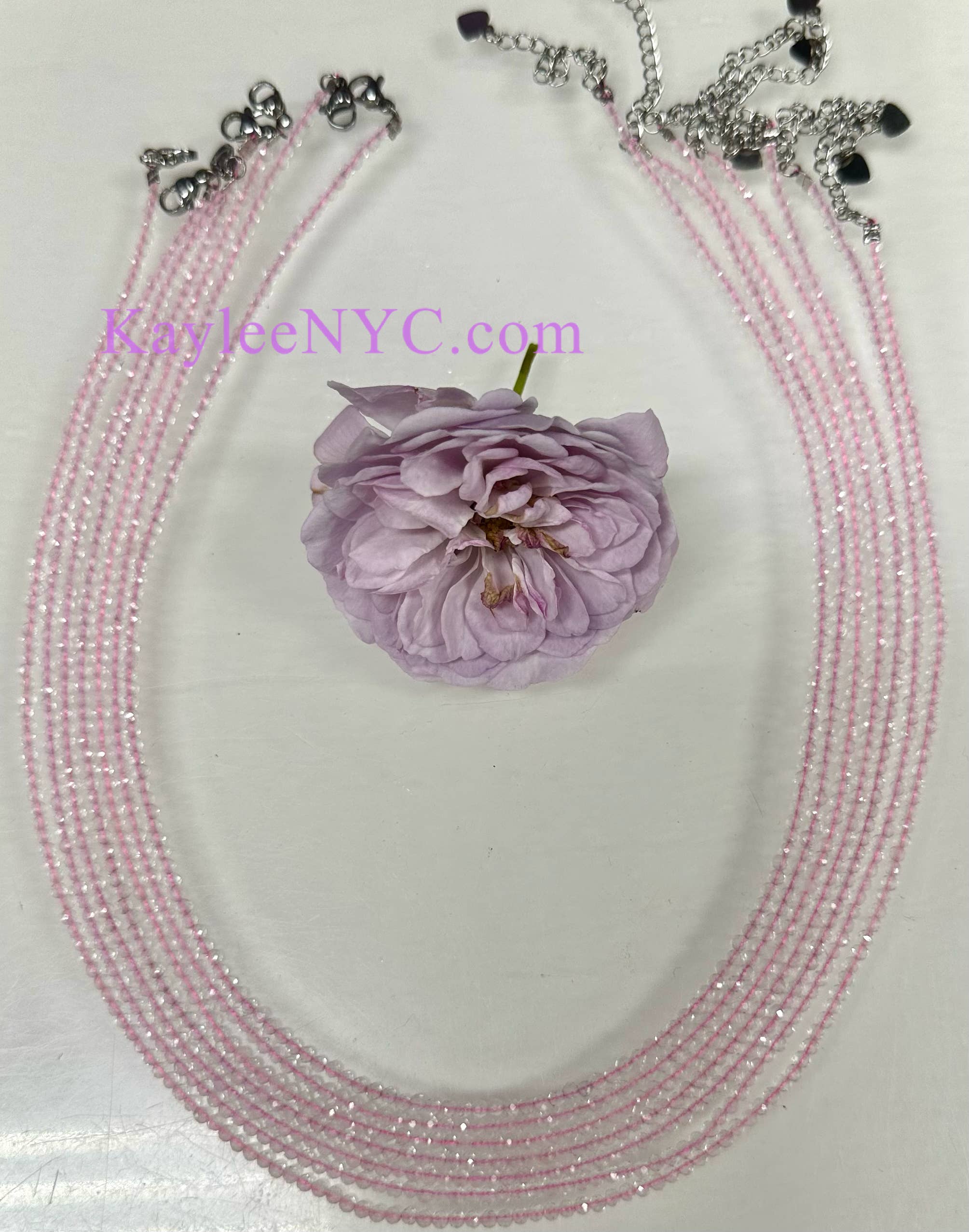 KayleeNYC - Wholesale Beaded/Pearl Necklace - 2mm Natural Rose Quartz Necklaces Crystals Healing Energy