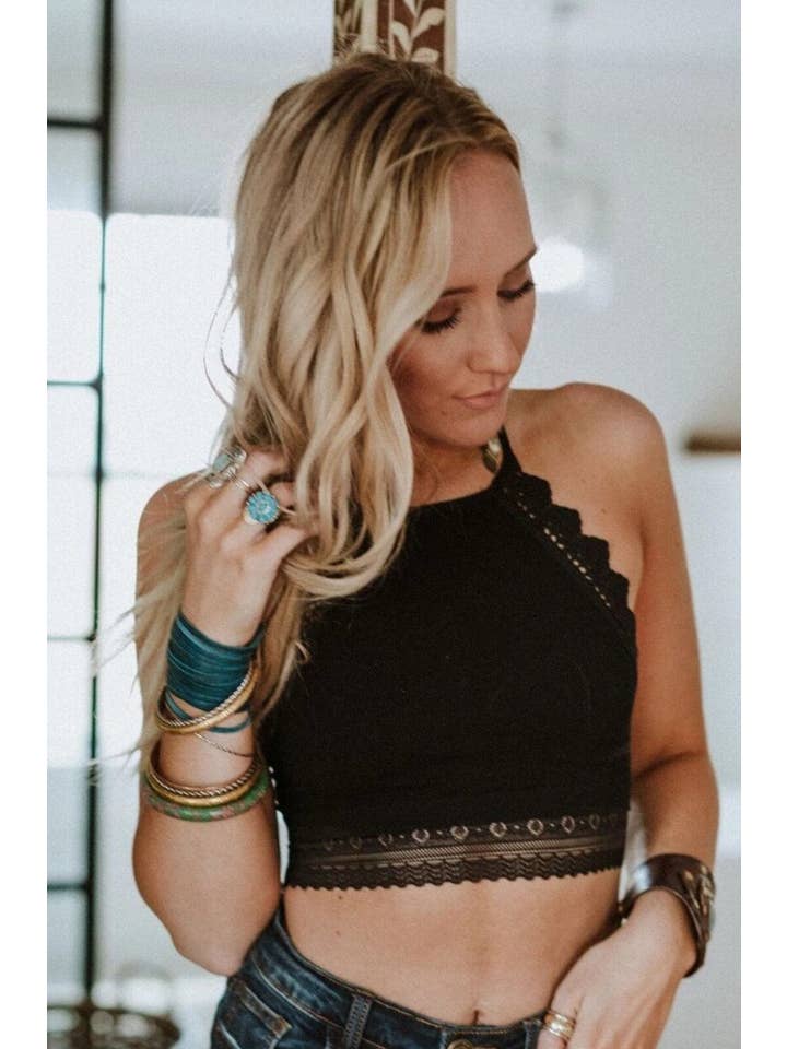 Light Of The Moon Crochet Trim Bralette - Black for wholesale on Faire2