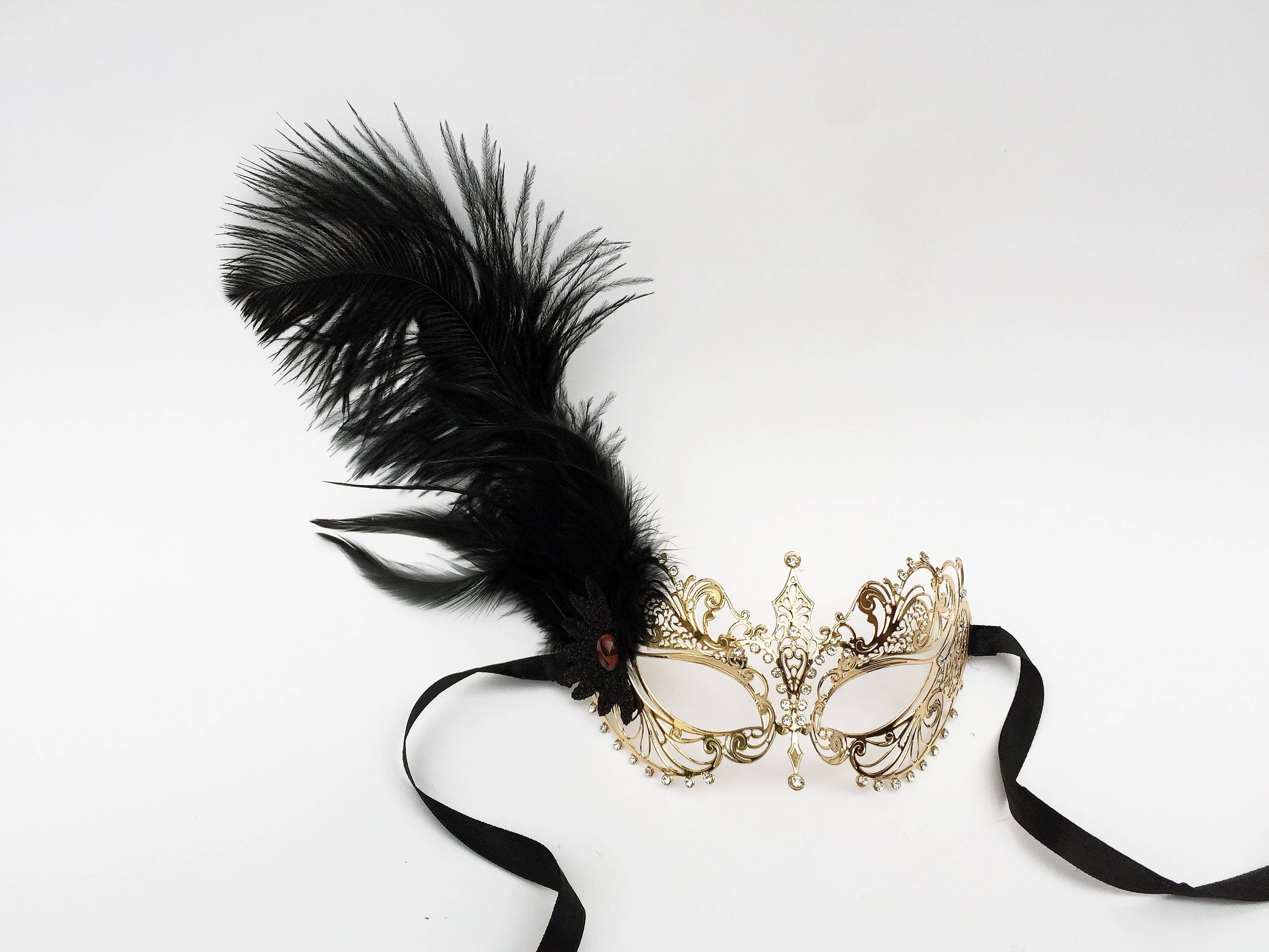 Mardi Gras Creations - Wholesale Costume - Women's - Metal Laser Cut Mask With Side Feathers1