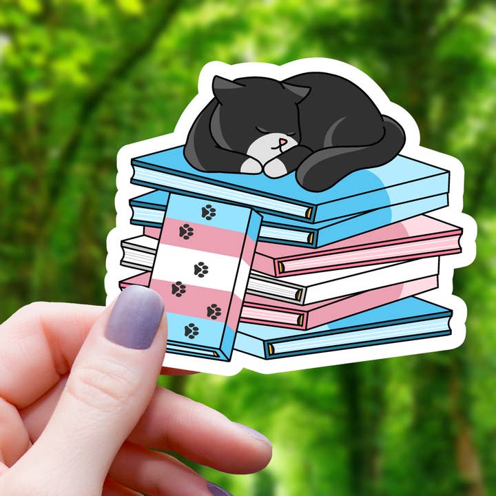 Mimic Gaming Co - Wholesale Sticker - Trans Pride Books with Cat on Top Sticker - 3"