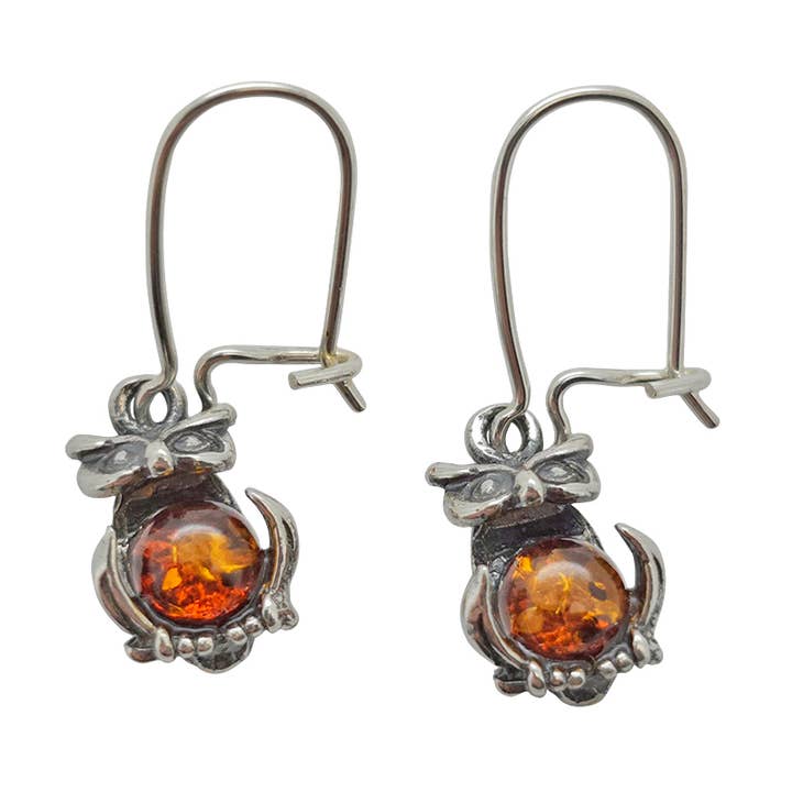 Owl Amber Sterling Silver Earrings On Hooks for wholesale by Amberman