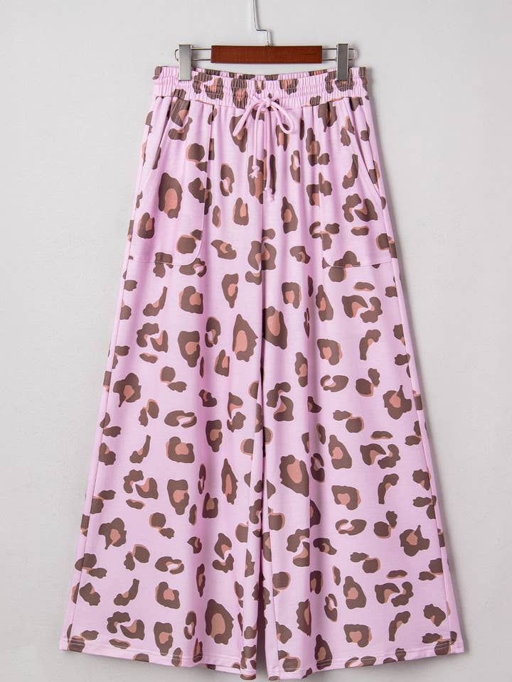 Pink Drawstring Leopard Print Patch Pocket Loose Pants for wholesale by Sweet Lover Fashion