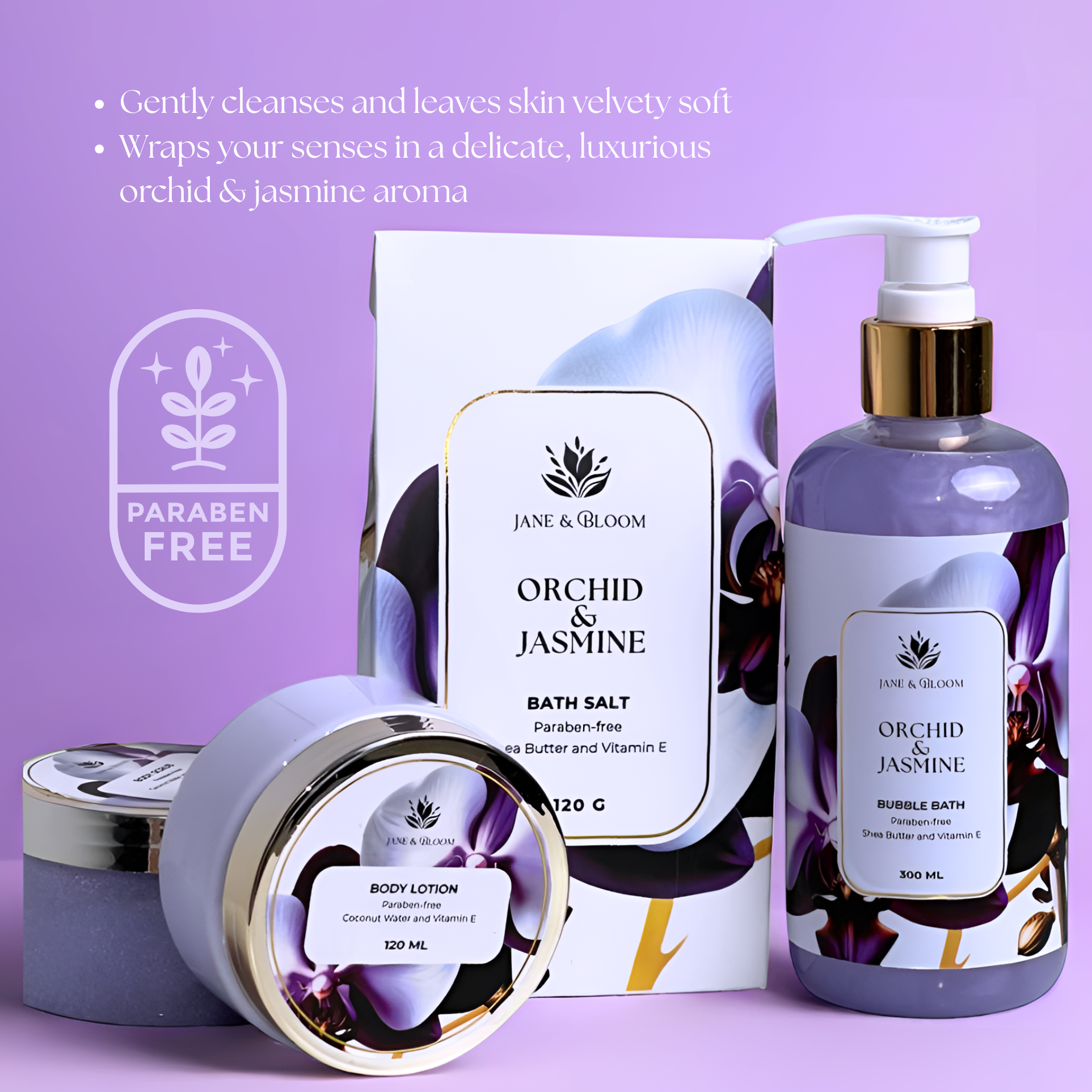 Jane & Bloom - Vente Set de bain et corps - Coffret Cadeau Spa Orchidée & Jasmin | Élégant Ensemble Bain & Corps5