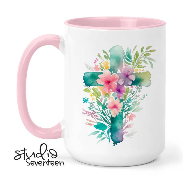 Floral Cross Easter Coffee Mug, Spring Cup, He Is Risen for wholesale by Studio Seventeen