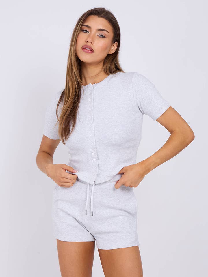 AX Labels - Wholesale Lounge Set - Women's - Ribbed Button Through Short Sleeve Top and Shorts Co-ord23