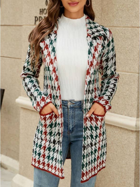 Rosa Clothing - Wholesale Trench Coat - Women's - Midi Contrast Houndstooth Suit-Collar Trench Coat6