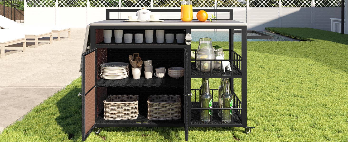 39F Inc. - Vente Outil de gril pour l'extérieur - Chariot de service extérieur avec plateau pliable, armoire de rangement29