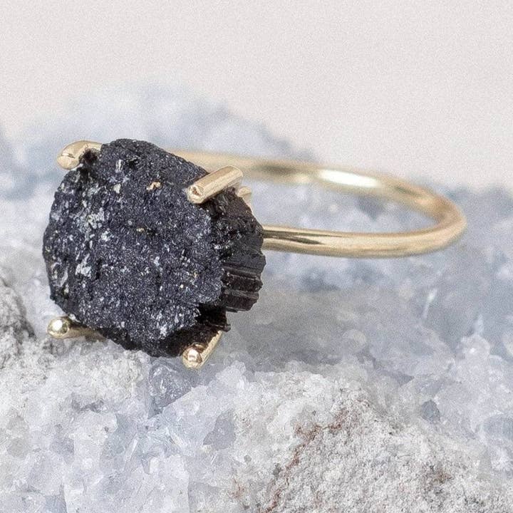 Black Tourmaline Raw Freeform Gold or Silver Ring for wholesale by Tiny Rituals