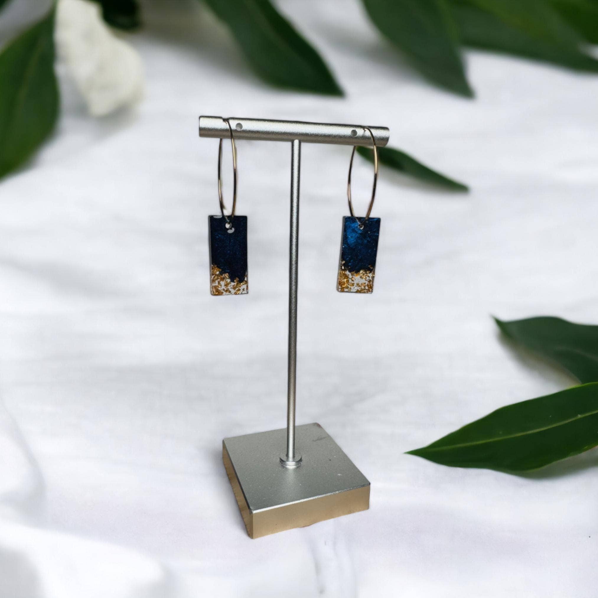 Fish Towne Designs, LLC - Wholesale Dangle Earrings - Navy Blue and Gold Leaf Resin Bar Earrings Handmade2