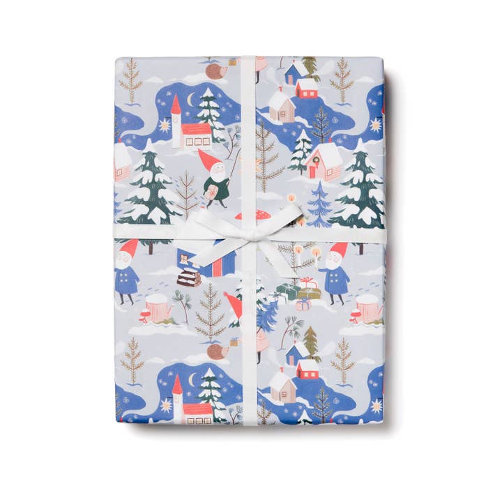 Red Cap Cards - Wholesale Flat Wrap - Holiday Gnomes holiday wrapping paper