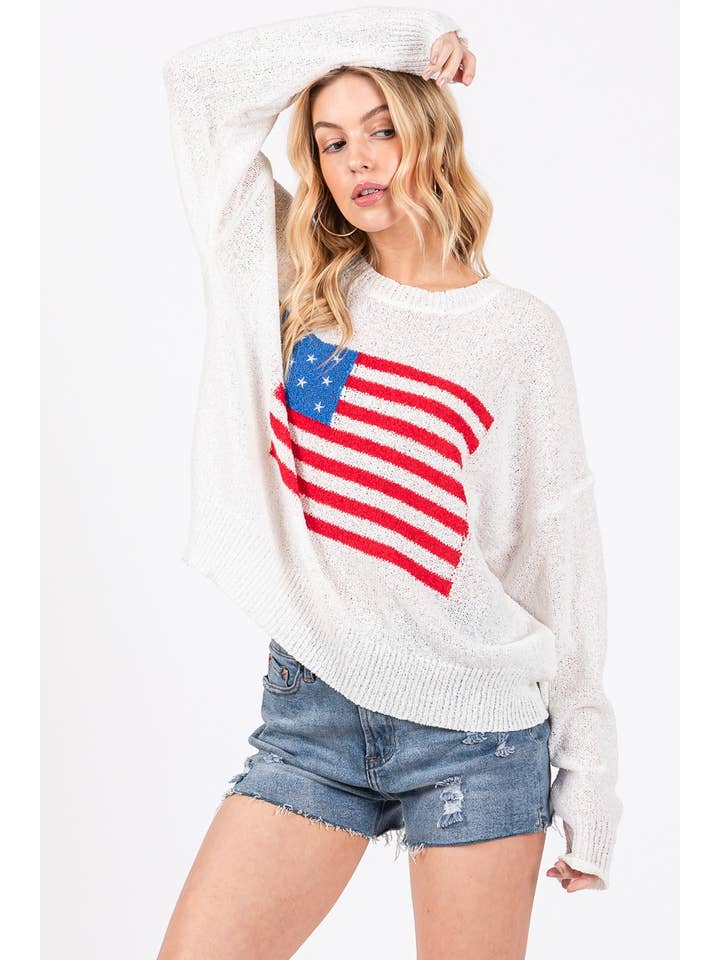 WHITE RED BLUE AMERICAN FLAG SWEATER TOP for wholesale on Faire
