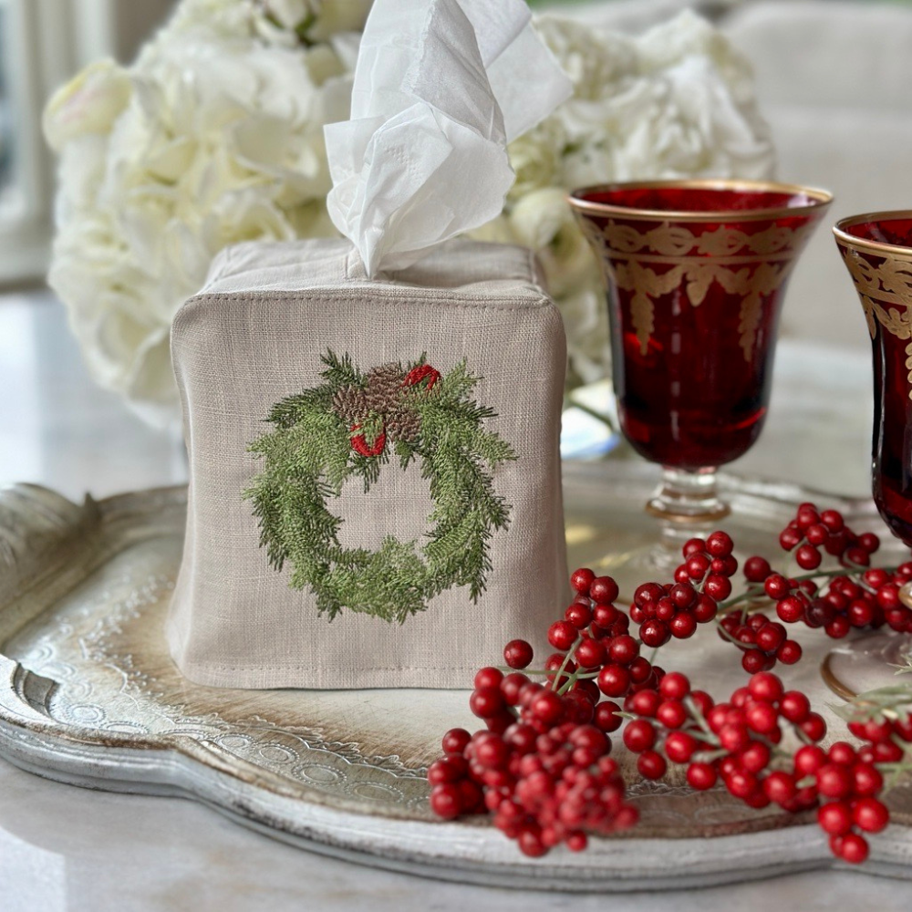 Arte Italica & Crown Linen Designs - Wholesale Tissue Box - Juniper Wreath Tissue Box Cover - Christmas1