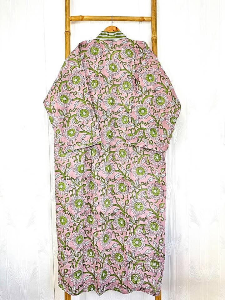 Essential Designs London - Vendita all'ingrosso Kimono - Donna - Vestaglia estiva in puro cotone con stampa indiana a blocchi, con stampa a blocchi, motivo floreale, copricostume da spiaggia, comodo, blu, rosa, verde, Gardenia Blossom Summer Dream