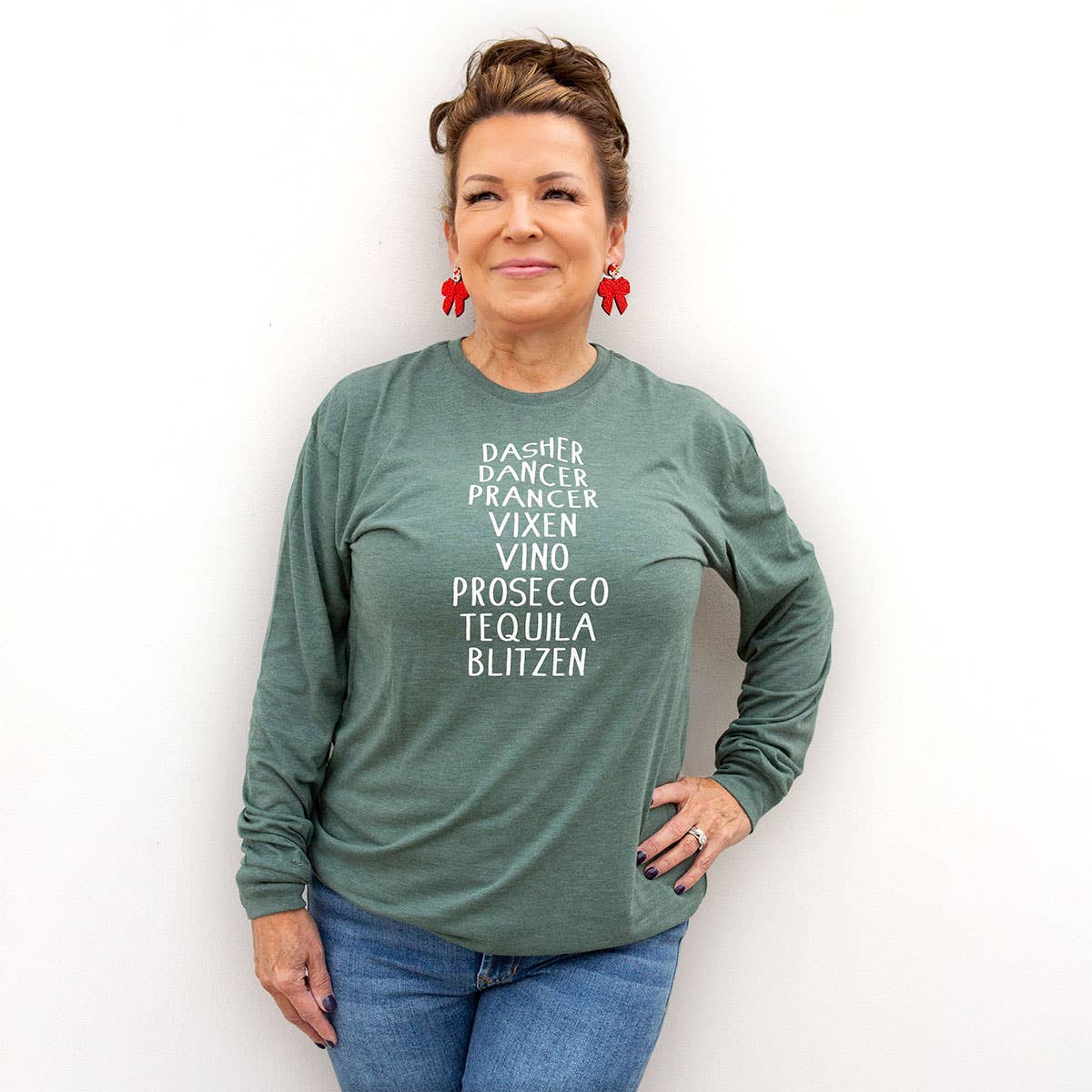 The Royal Standard - Wholesale Screen Printed T-Shirt - Women's - Blitzen Long Sleeve Crew Neck T-Shirt   Dark Green/White   -Asst.0