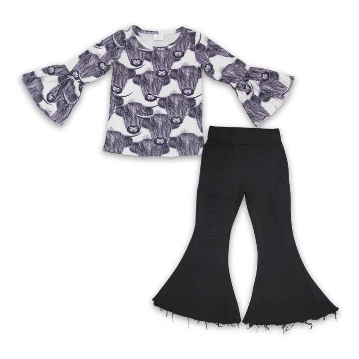 Grey highland cow shirt black distressed jeans girls outfits for wholesale by Yawoo Garments