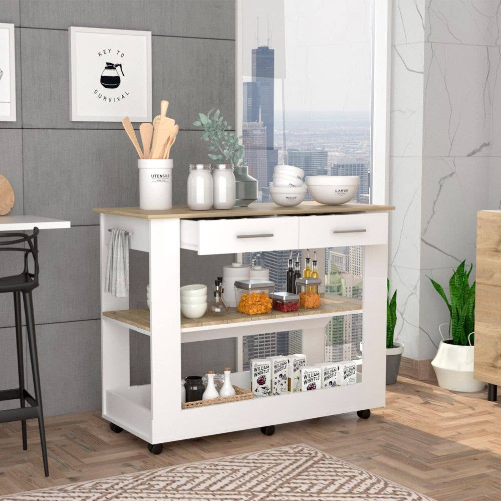 TUHOME FURNITURE - Vente Rangements/organisateurs de cuisine - Îlot de cuisine Cala 46 blanc/chêne clair1