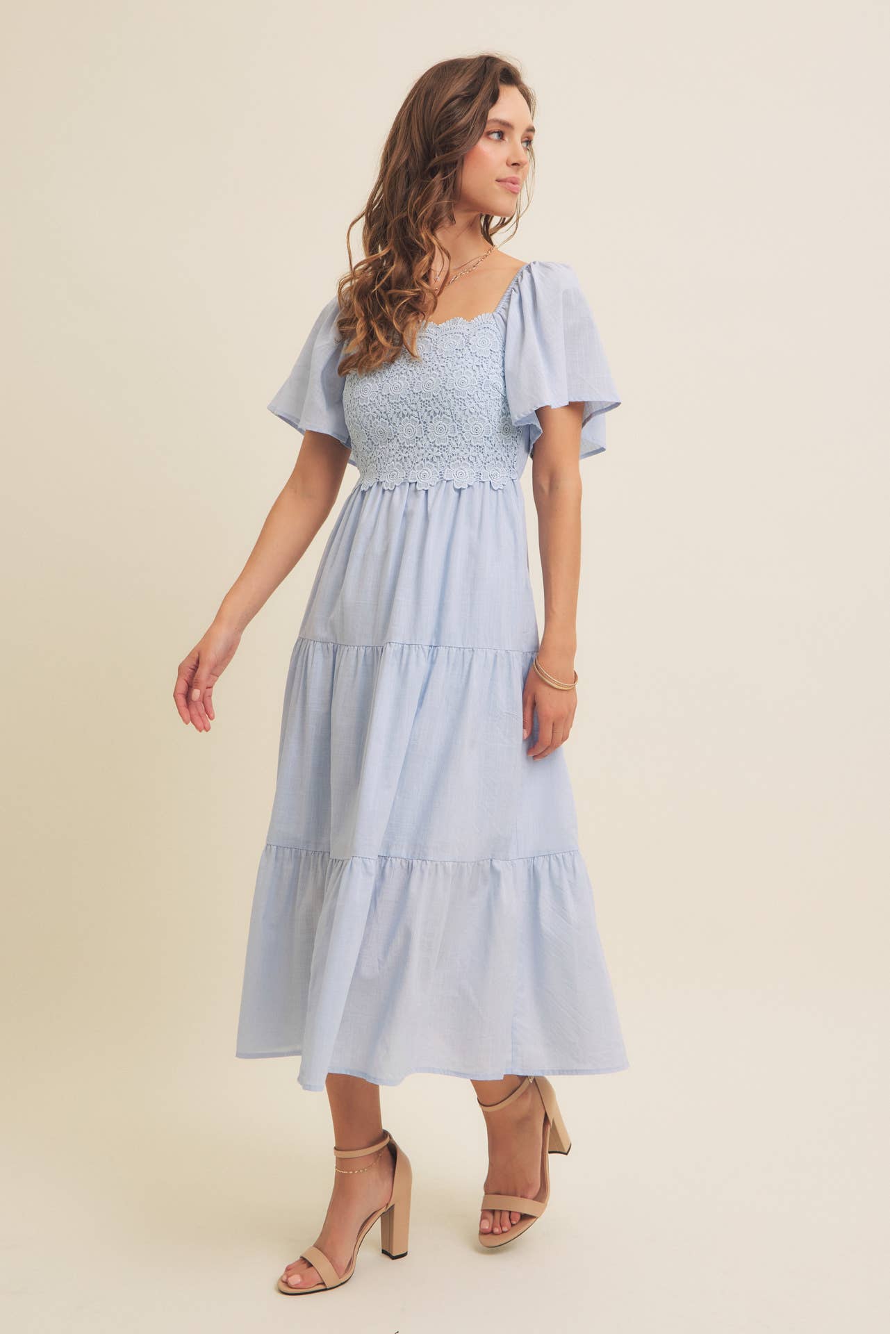 in february - Wholesale Dress - Women's - ESSENCE OF FALL TIERED CROCHET MIDI DRESS WITH FLUTTER SLVS5