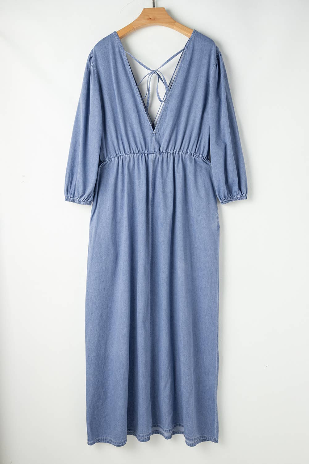 Blue  Chambray Deep V Neck Bracelet Sleeve Maxi Dress for wholesale on Faire2