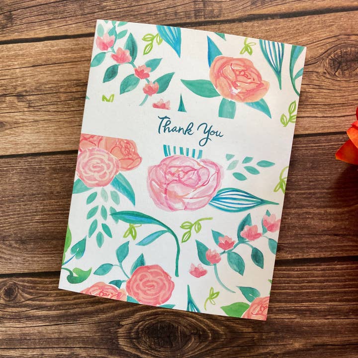 THANKS - Carte de note floraux roses et aqua pour la vente par Adriprints