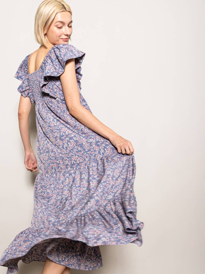 Elloh Collection - Wholesale Dress - Women's - On Off Shoulder Ruffle Sleeve Wide Flare Tiered Maxi Dress1