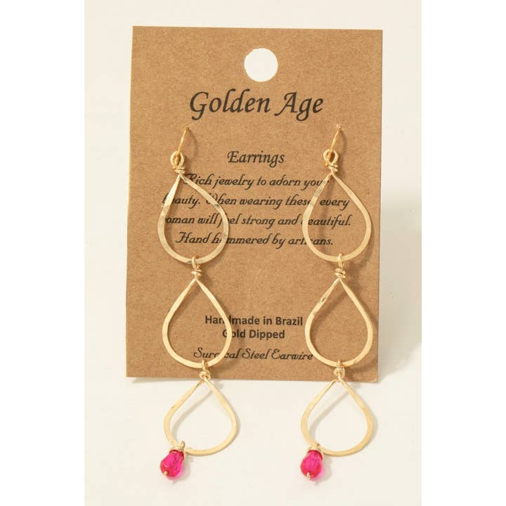 Hot Pink Gem Charm Triple Teardrop Dangle Earrings for wholesale by Fame Accessories