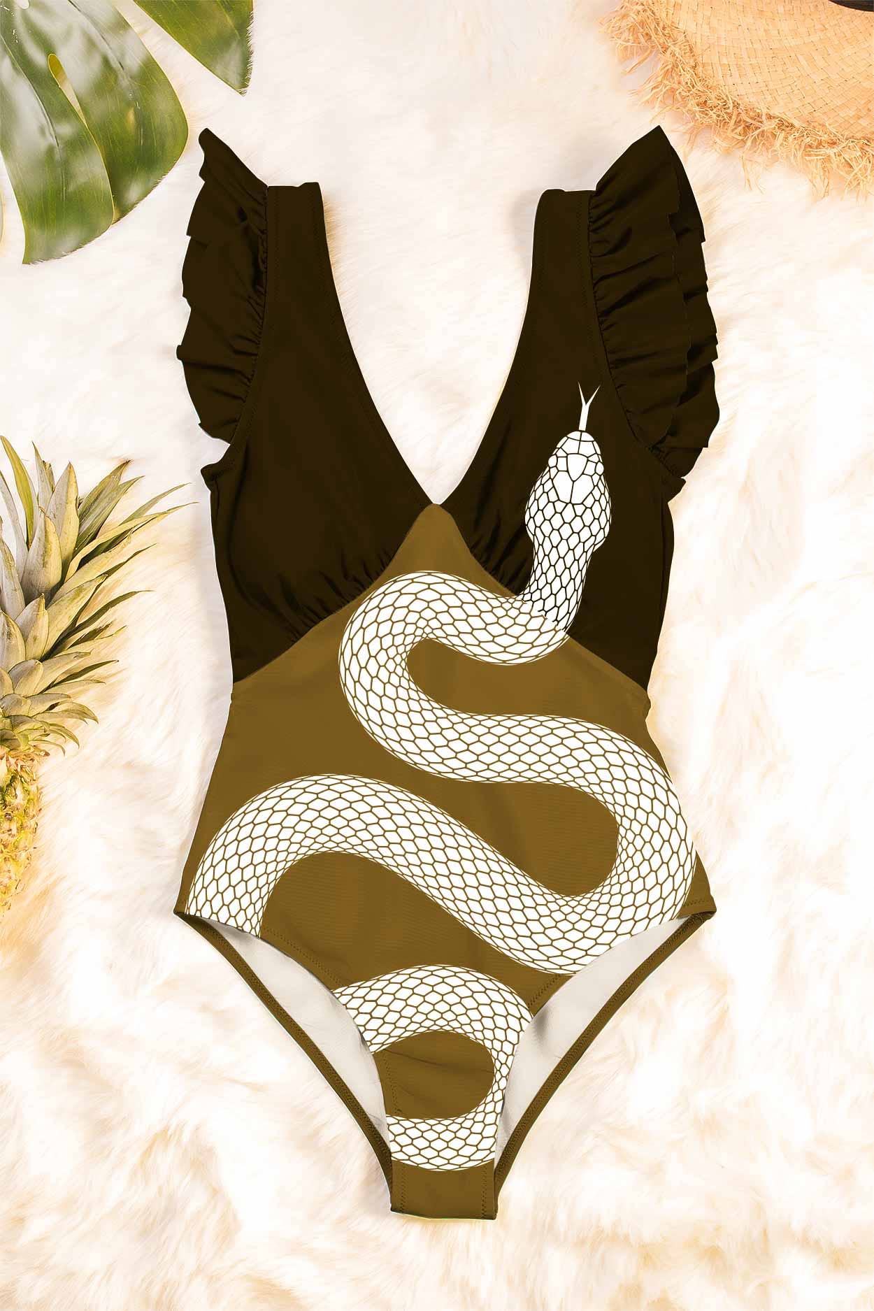 Snake Print on Olive Corina Plunge One-Piece for wholesale on Faire0