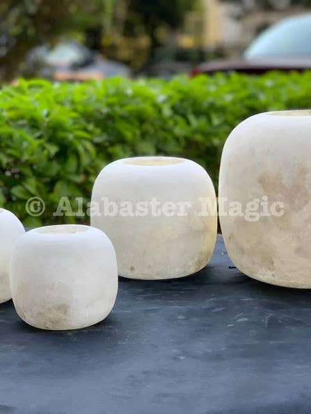 Rare White Natural Alabaster Marmar stone 100% Handmade with Healing effect. Ball shape. Healing Alabaster Candle Holder for wholesale by AuraLine Inc.