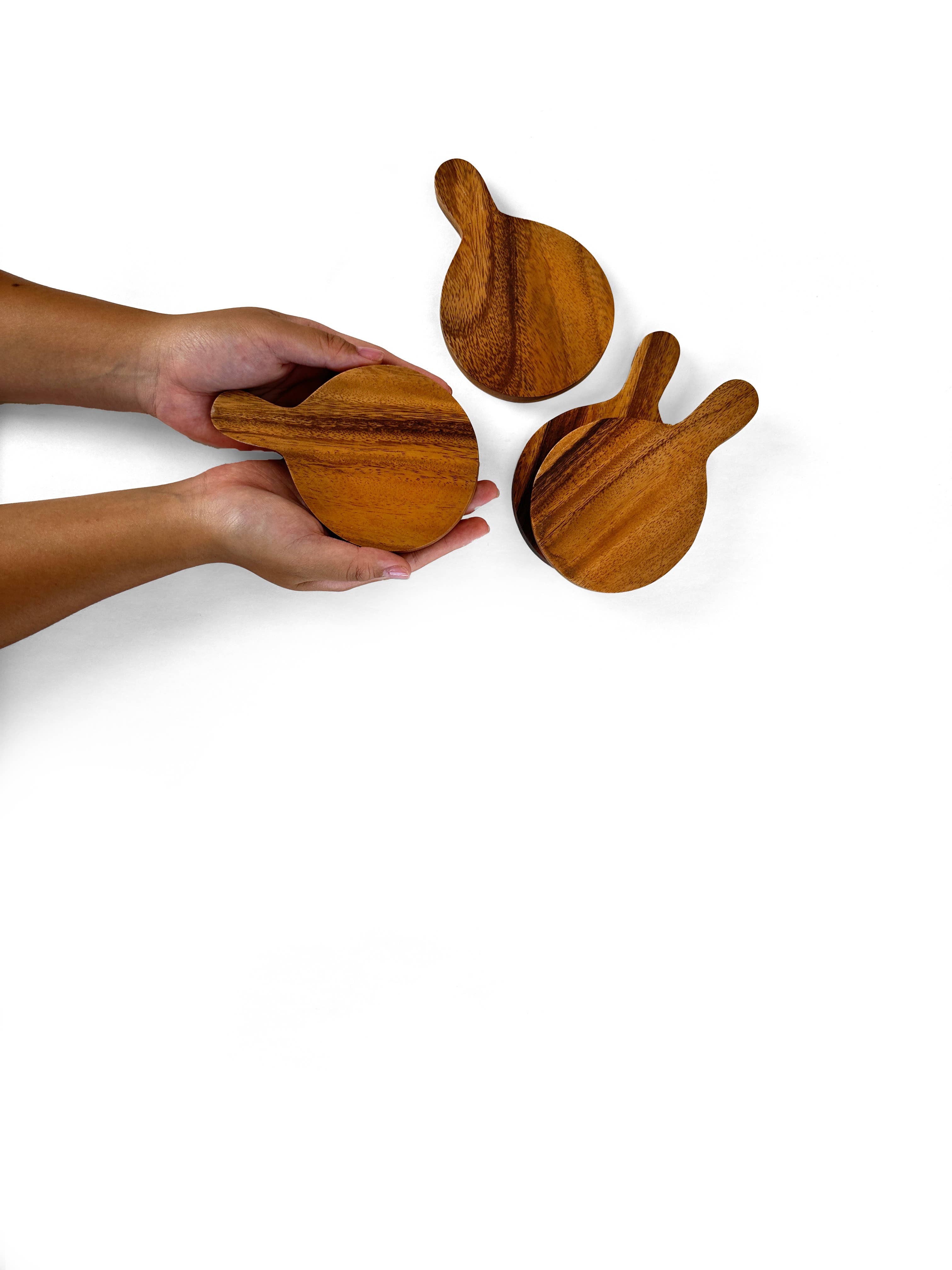 Baroy - Venta al por mayor Posavasos - Juego de 4 posavasos de madera con asa / Mini tablas de charcutería5