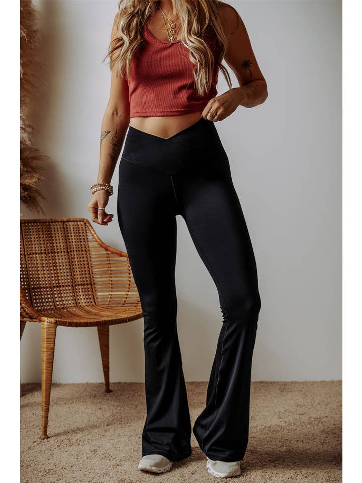 Black Solid V-Shape High Waist Flared Leggings for wholesale on Faire3
