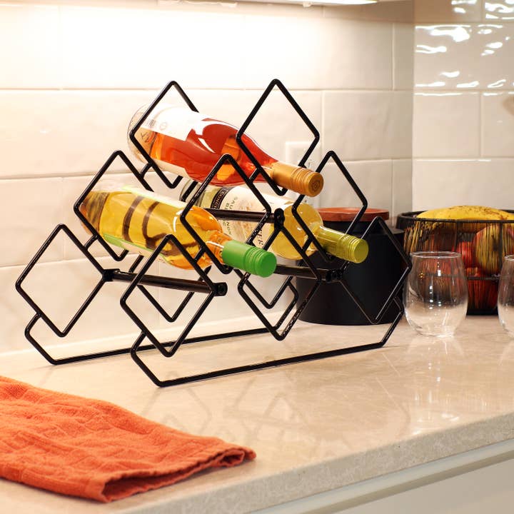 6-Bottle Steel Wire Triangular Tabletop Wine Rack - Black for wholesale by Sunnydaze Decor