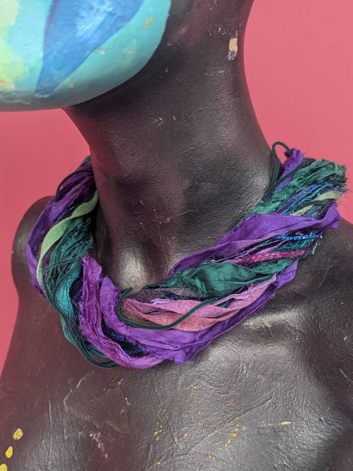 Silk Yarn Necklace in Purple and Green for wholesale by Megan Crook Textiles
