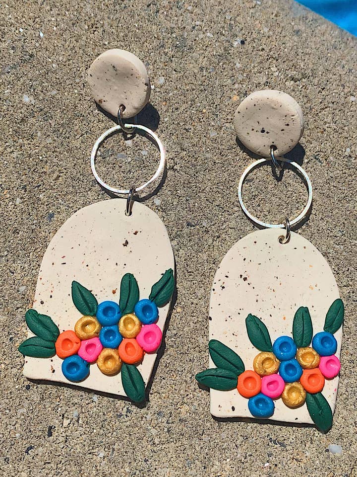 Speckled Floral Dangles with Silver Hoops for wholesale by Polymearrings Jewelry Co.