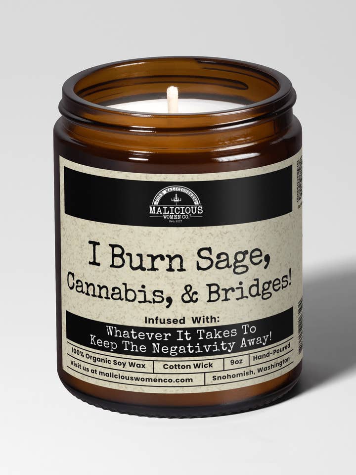 I Burn Sage, Cannabis & Bridges 9oz Witch Candle Malicious Women Co and other Purchase Wholesale bridge and burn. Free Returns & Net 60 Terms on Faire trending on Faire.