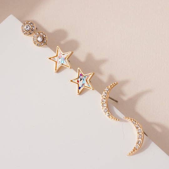 3 Pair Set Stud Earrings Stone / Star / Crescent Moon for wholesale by StarryNYC