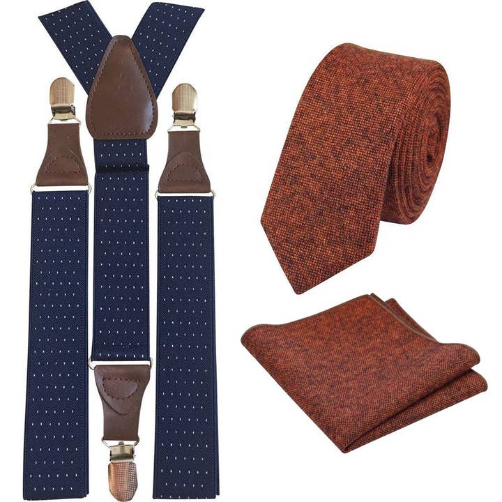 Set Cravatta e Fazzoletto da Taschino in Tweed Arancione Bruciato Charlie con Bretelle per Adulti Blu Navy a Pois per la vendita all'ingrosso da parte di Dickie Bow