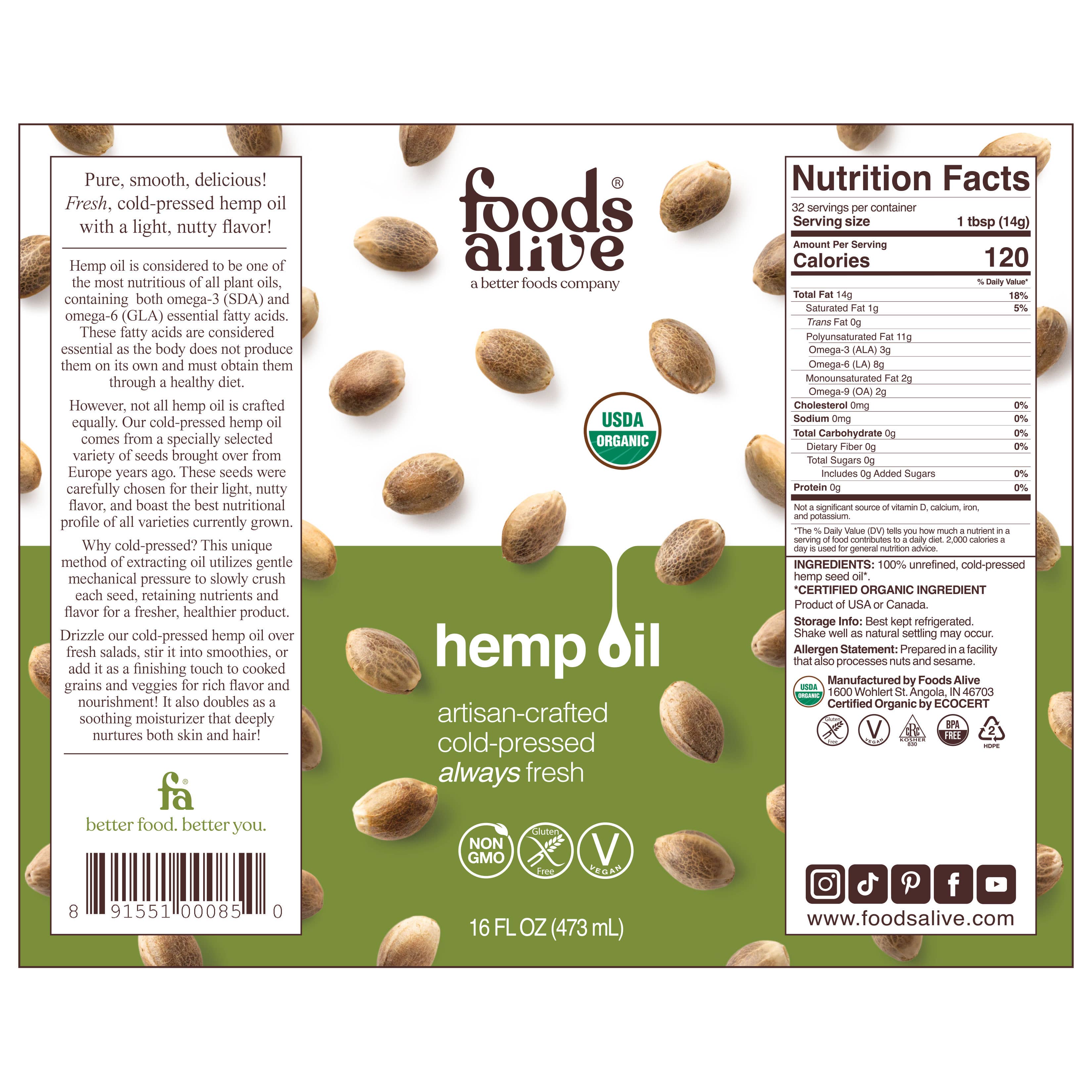Foods Alive - Wholesale Cooking Oil - Hemp Seed Oil - Artisan Cold-Pressed, Organic7