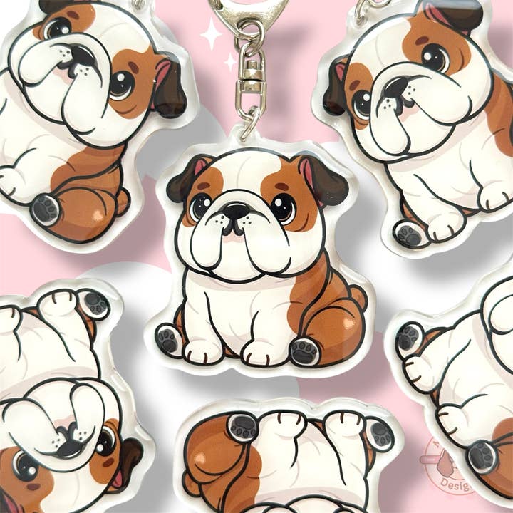 Red English Bulldog Acrylic Dog Keychain with Epoxy Resin | Easy-Clip, Cute Dog Cartoon, Hand-Drawn Design, Dog Lover Gift for wholesale by Milly Made Designs
