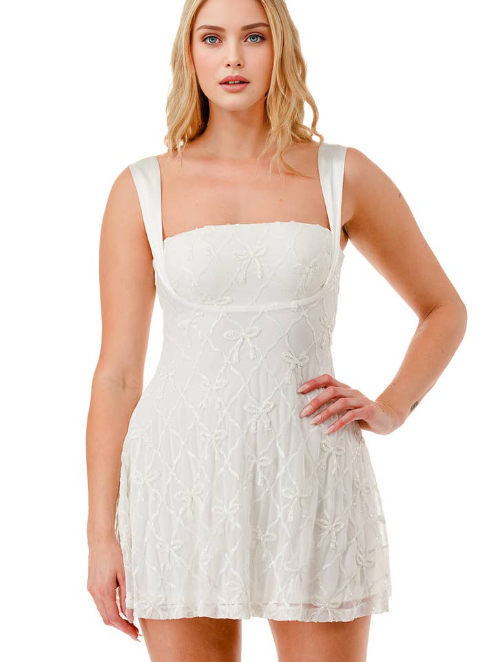 CD30221-1: RIBBON SEQUIN BOW TIE MINI DRESS for wholesale by Lovesome